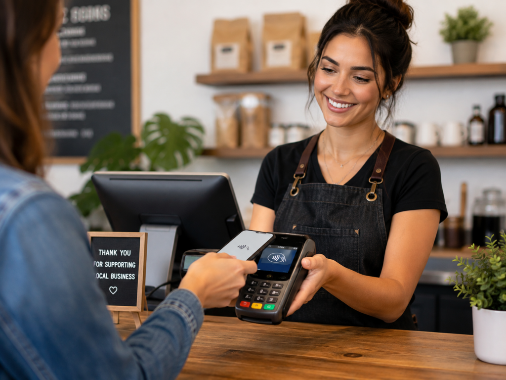 Small business accepting contactless payment with modern payment terminal
