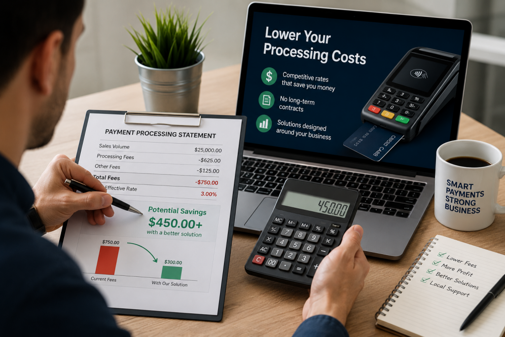 Business owner reviewing payment processing fees and potential savings